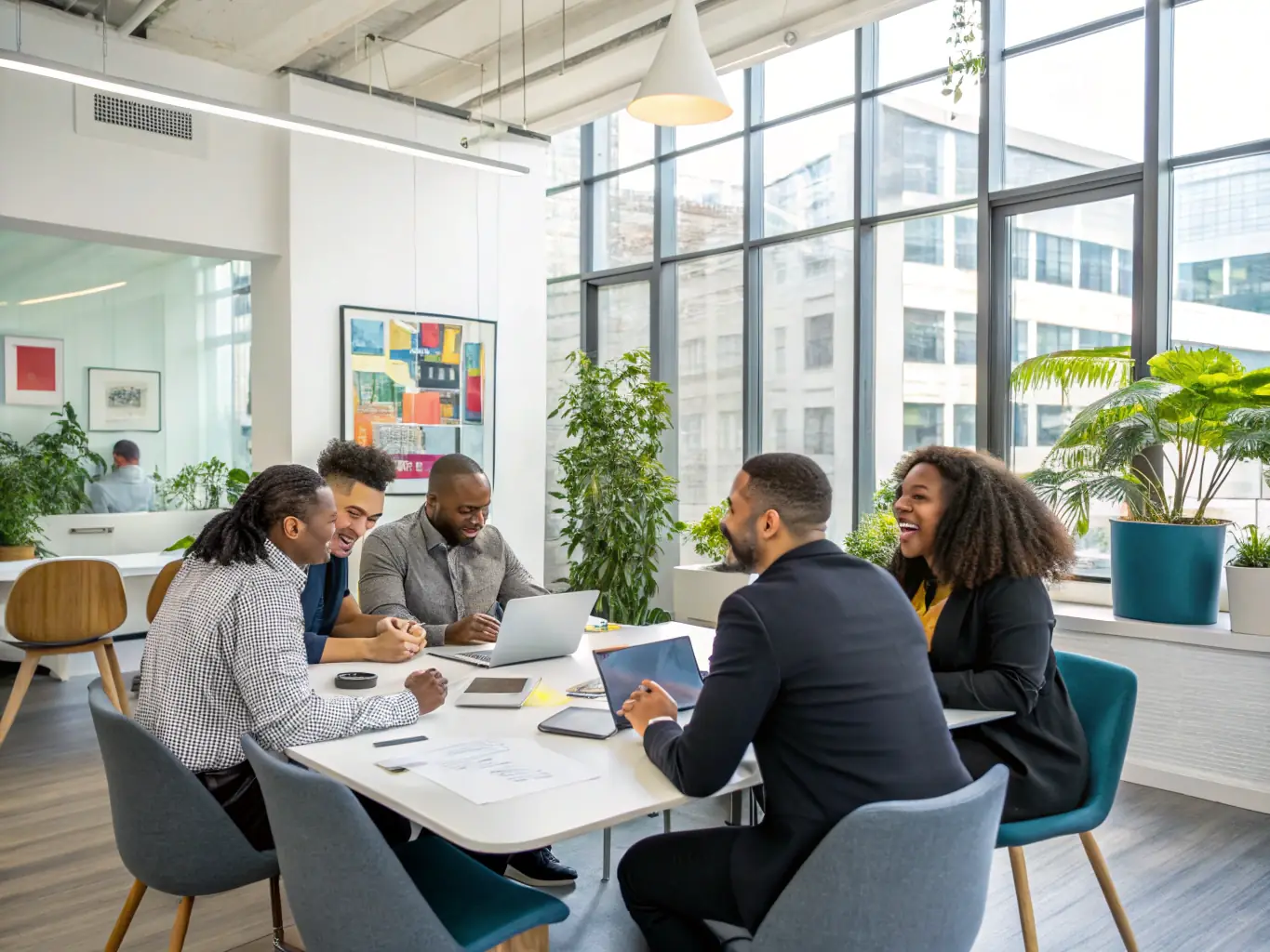 An image of a confident business leader engaging with a team in a modern office setting, symbolizing leadership coaching.