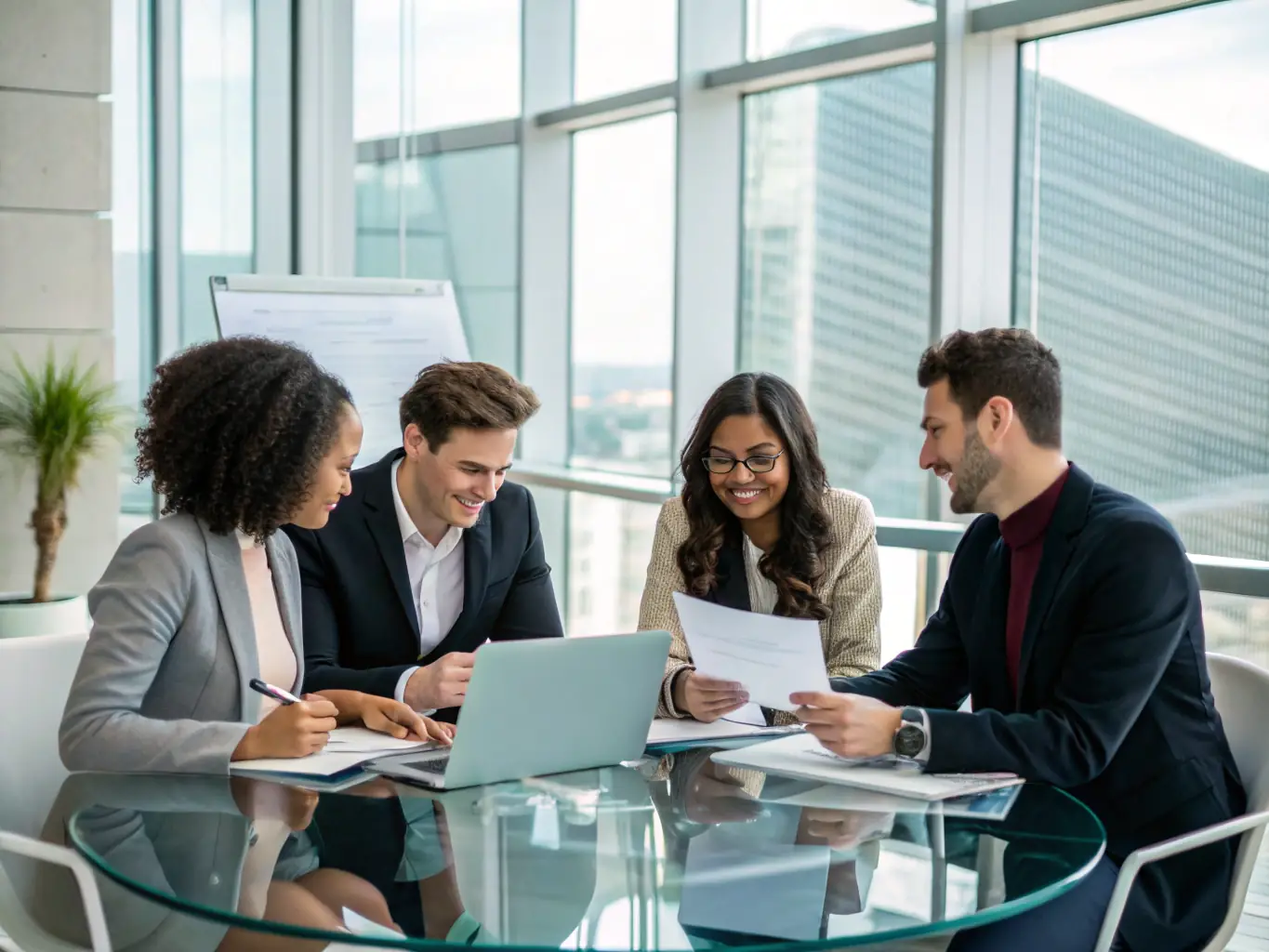A diverse group of professionals collaborating in a workshop, illustrating the collaborative nature of team coaching and development.